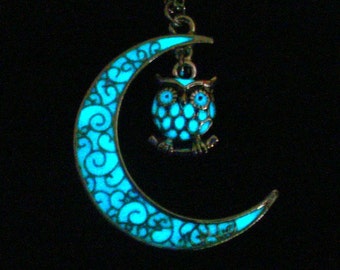 Moon And Owl Necklace Glow In The Dark Moon Owl Jewelry Glowing Owl And Moon Necklace Antique Silver (glows aqua blue)