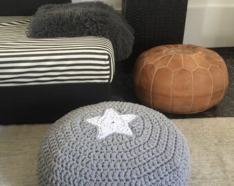 Grey Round Pouf-Star Floor Cushion Pillow-Crochet Pouf Ottoman-Round Meditation Cushion-Teepee Cushion-Nursery Decor-Kids Floor Cush
