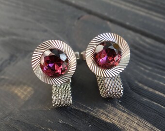 Mens gift silver plated cufflinks anniversary gifts/for/boyfriend purple crystals soviet gemstone cufflinks long distance boyfriend gift