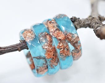 Blue Resin Ring With Copper Flakes - Thin Faceted Band Ring - Resin Stacking Ring - Minimal Resin Jewelry