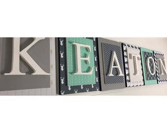 Boys Nursery letters, Deer Nursery, Moose Nursery, Woodland Nursery, Wooden Letters, Mint, gray and navy letters, Boys Nursery ideas,