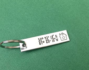 New Home Housewarming Gift, Coordinates Keychain, Custom Hand Stamped, House Keychain, New Home Gift, Homeowner Gift, Personalized Gift