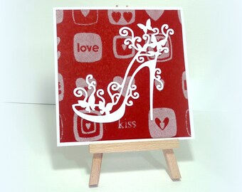 Unique handmade card Shoe lover card White satin shoe Red love card Valentine shoe Pop wedding card Butterfly shoe Handmade paper mcrtycards