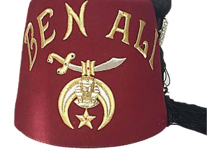 Old Vintage "Ben Ali" Shriner's Fez Hat with Crescent Moon Rhinestone Scimitar and Sword Double Pin Brooch and Original Hat Box