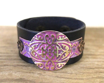 Leather Bracelets for Women, Leather Cuff Bracelets, Vintaj Jewelry, Boho Jewelry, Purple Bracelet, Brass Jewelry, Bohemian Jewelry