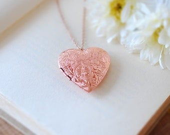 Rose Gold Heart Locket Necklace, Etched Picture Locket,, Heart Jewelry, Gift for her, rose gold jewelry, Graduation Gift, Gift for Mom