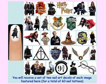 60 x HARRY POTTER Nail Art Decals + Free Rhinestones Crest Hogwarts Gryffindor Slytherin Sorting Hat Dobby Ginny Ron Hermione Dumbledore Owl
