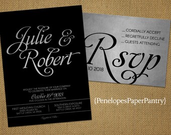 Black and Silver Wedding Invitation,Black,Silver,Shimmery,Elegant,Traditional,Formal,Black Tie Affair,Custom,Printed Invitations,Wedding Set