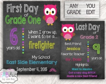 First Day of School editable sign AND Last Day of School reusable Pink Owl PDF School Keepsakes You Edit You Print FabUPrint