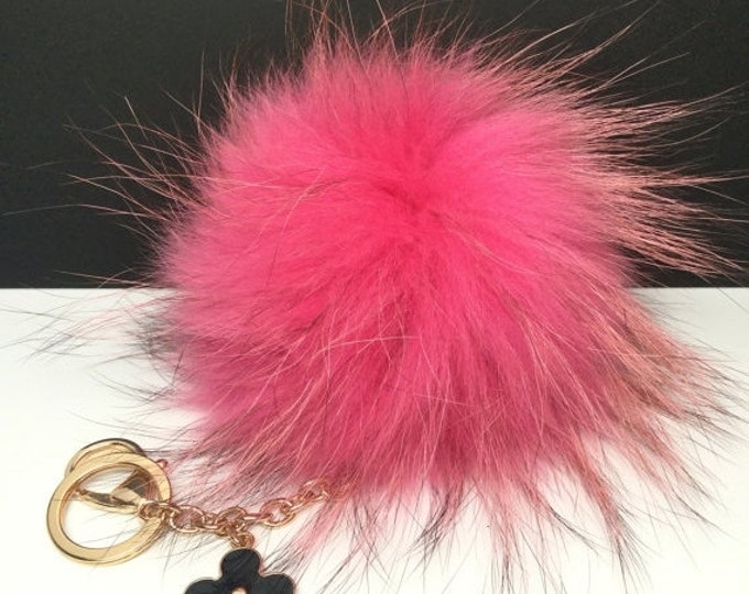 Beautiful Pink Raccoon Fur Pom Pom luxury bag pendant flower keychain charm with natural markings