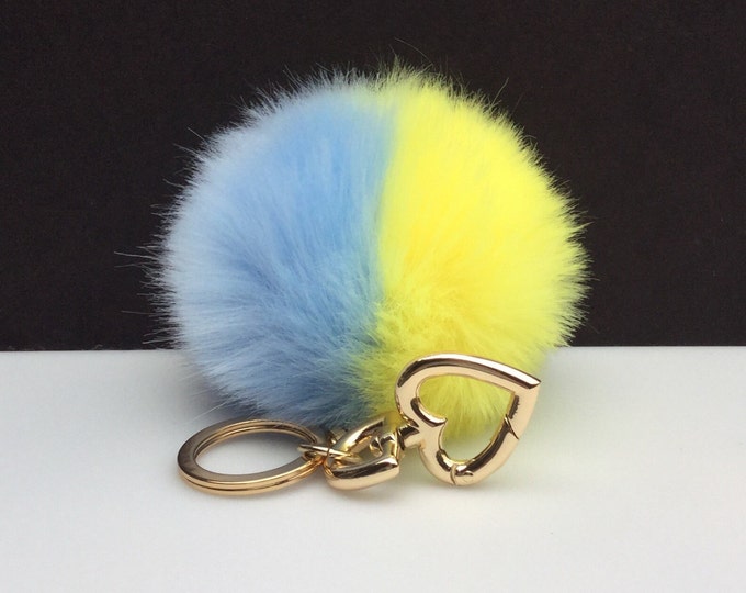 Faux Duo Light Blue Yellow Fur Pom Pom bag Keyring keychain pom pom fake fur ball