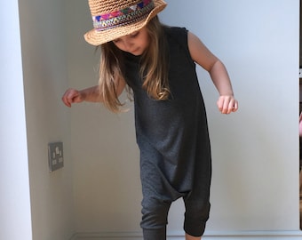 charcoal grey harem shorts romper jumpsuit / overalls / sleeveless toddler harem romper / baby jersey harem jumpsuit- skinny leg fit