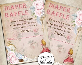 Digital Alice in Wonderland Diaper Raffle Card Printable, Baby Shower,