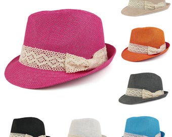 Colorful Paper Straw Fedora Hat with Lace Band (HT5240)