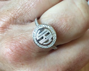 Monogram Ring with Classic Cubic Zirconia Border in Sterling Silver-Engraved CZ Ring