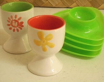 Retro Egg Cups ~ 1970s Insect & Daisy Ceramic Pair plus Four Lime Plastic Stacking Cups