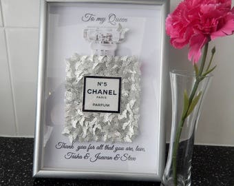 Chanel picture,Personalised Glitter picture Chanel no 5 with lots of silver glitter butterflies,silver chanel perfume picture,Chanel glitter