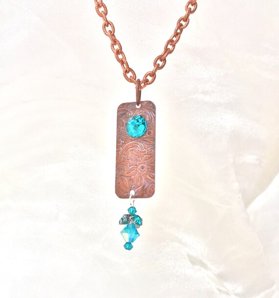 Copper Pendant Embossed Necklace Blue Crystal Pendant