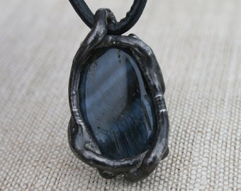 tiger eye necklace, raw pendant, gemstone pendant, men pendant, men necklace, black gray black eagle eye, healing stone, ancient necklace