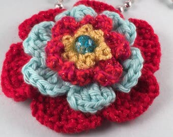 Barrette Red Blue Flower Crochet