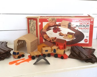 1972 Mattell Preschool MotorPutt Putt Railroad Set with box -vintage toy -train - antique