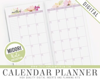 Midori Calendar Planner Inserts - KATE Collection - Midori Traveler's Notebook Style Printable Pages - Month on Two Pages