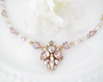 One of a kind blush wedding necklace, Swarovski crystal and pearl bridal necklace, Pink and gold beaded necklace