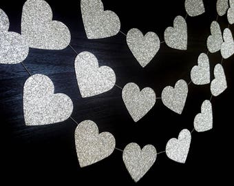 SPARKLEHEARTS: Silver Glitter Small Paper Heart Garland – Party, Wedding, Shower, Room Decoration