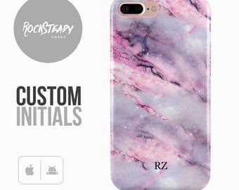 Custom Initials Marble Phone case, purple pink iPhone 7, 6, 6s Plus, samsung S8, S7, 5S, SE personalised phone Case, Galaxy S6, S5 gift UK