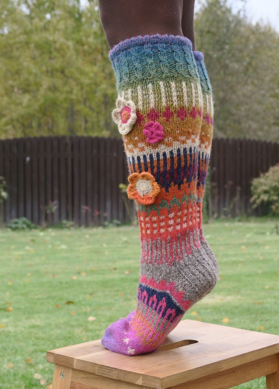 Knee high socks Wool socks Bohemian socks Hand knit
