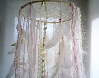 Baby mobile girl mobile dream catcher mobile boho nursery dreamcatcher cream ivory light pink white feather mobile baby shower mobile