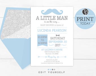 Baby Blue LITTLE MAN Baby Shower Invitation, Instant Download Invitations, Little Man Baby Shower, Boy Baby Shower, Blue Boy Baby Shower