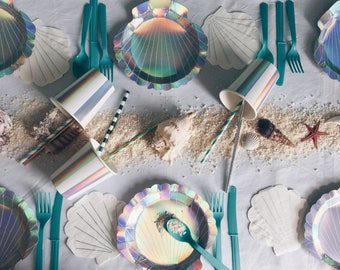 Mermaid party tableware, Mermaid theme, Little Mermaid, under the sea, Shell napkins, Shell plates, cups, straws, Holographic, Meri Meri,