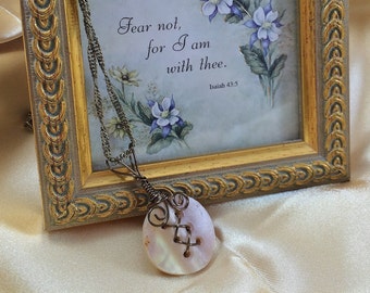 Vintage Button Necklace Bronze Wire-Wrapped Vintage Iridescent Creamy Mother of Pearl Button