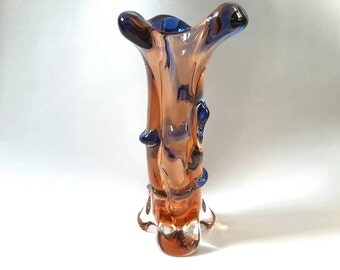 Buy 2 Get 1 For Free! Czech Frantisek Zemek Mstisov Moser Glass Vase ~ Amber Blue Glass Vase ~ Vintage Bohemian Hand Made Art Glass Vase