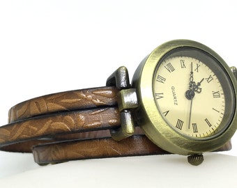 Women's watch, fine brown engraved leather bracelet, original jewelery, retro dial, wooden bead, original gift