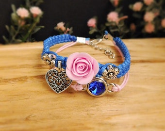 Charm bracelet Anniversary gift Lovers gift Blue bracelet Pink flower jewelry Crystal charm Royal blue jewelry Chic bracelet Heart jewelry