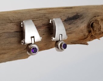 Modernist amethyst earrings sterling silver earrings vintage amethyst earrings sterling hinge earrings OT2514