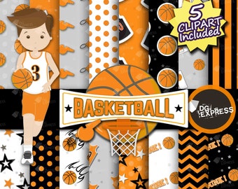SALE Basketball Digital Paper + Clipart : "Basketball Paper"- Basketball Clipart, Basketball Birthday Invitation, Basketball Printable