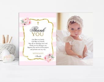 Pink and Gold Floral Baptism Thank you Card, Thank You Note, Baptism Thank You, Christening Thank You, Printable, Watercolor Flowers