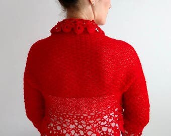 Red bolero, crochet bolero shrug, bridal jacket, wedding cardigan, knitted red shrug, lacy shrug, 3/4 sleeves, red shrug, fast shipping