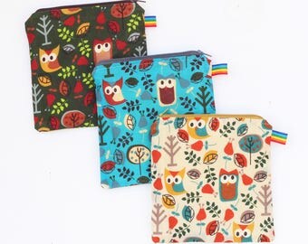 Reusable Snack Bag -Reusable Sandwich Bag - Zipper Pouch - Zipper Bag - Reusable - Birthday Gift - Waterproof Bag - Waxed Fabric Bag - Owls
