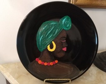 Hand painted ethnic ceramic plate by African American artist Karen Terry original design on black plate black art woman ethnic art