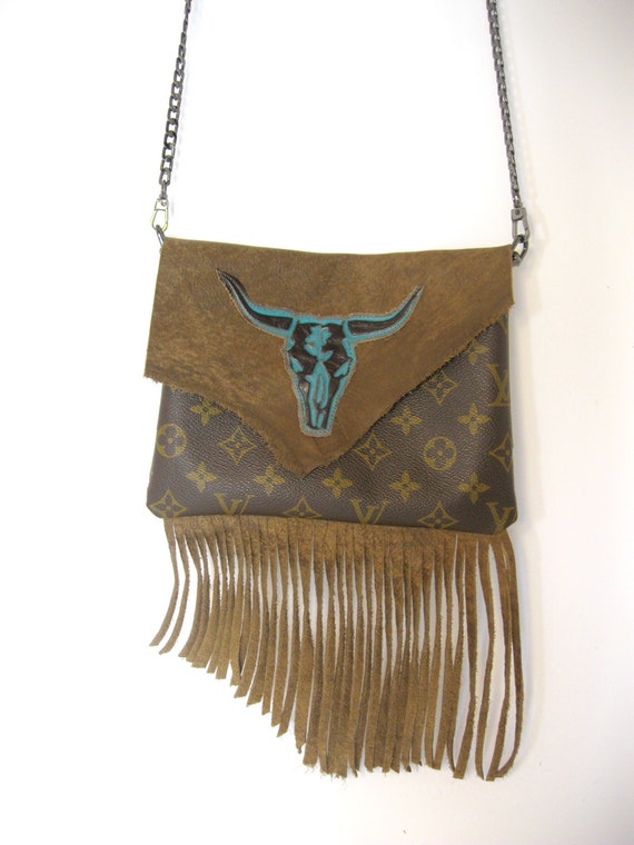 Items similar to Louis Vuitton Upcycled Crossbody Bag! Western fringe and Steerhead Original ...