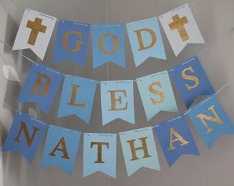 God Bless Banner, Baptism Banner, Blue Gold Baptism Banner, First Communion Banner, Christening Banner, Custom Name Baptism Sign, Blue Gold