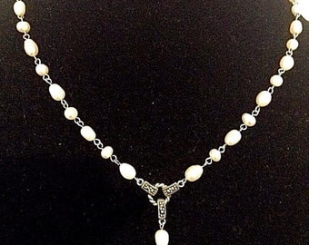 Vintage Pearl and Marquis Sterling Silver Necklace