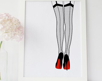 Fishnet Suspender Tights, Leg Avenue Wall Art, Fishnet Thigh High Stockings, Woman's Leg And High Heel Shoes, Christian Louboutin Red Shoes