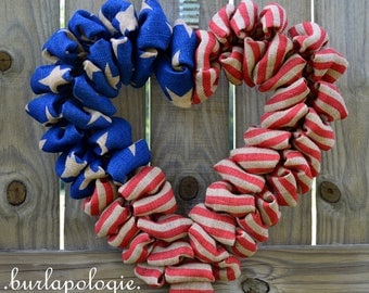 American Flag Burlap Heart Wreath, Red White & Blue Patriotic Burlap Wreath, 4 of July Wreath, Stars and Stripes 19 inches LIMITED EDITION