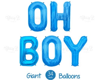 Giant Blue OH BOY Balloons - 34" Inch Mylar Balloons in Letters O-H-B-O-Y - Metallic Blue - Baby Shower Balloons, Baby Shower Decorations