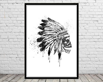 Indian Chief, Native American Headdress Indian Chief, watercolor art print, Indian skull, Indian Headdress, black Indian Chief (2571b)